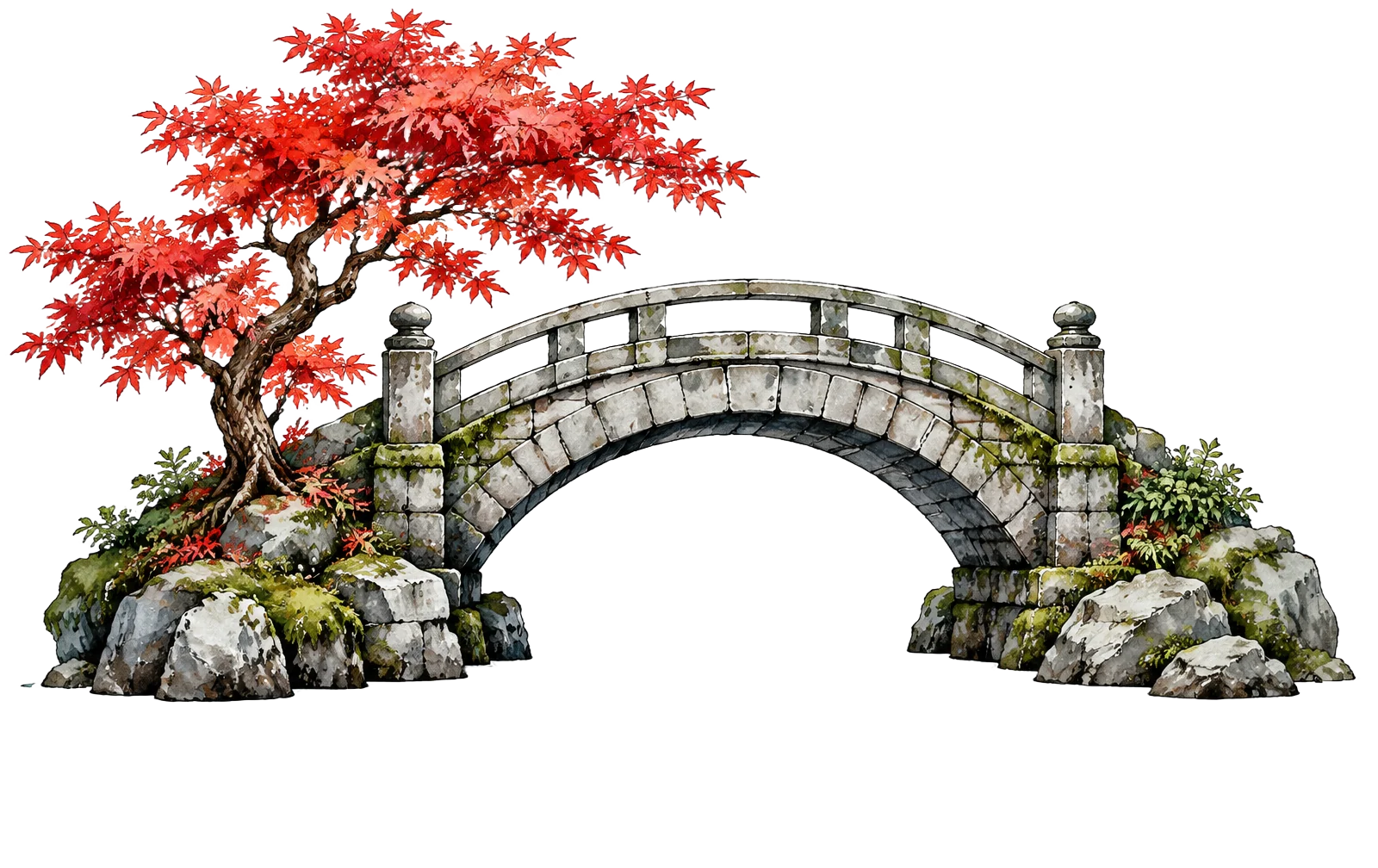 Ink illustration of a stone bridge over a still pond