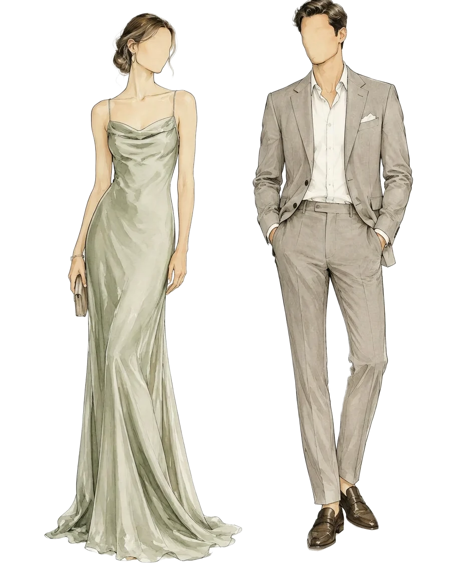 Illustrated figures: a long sage silk gown and a stone-grey suit