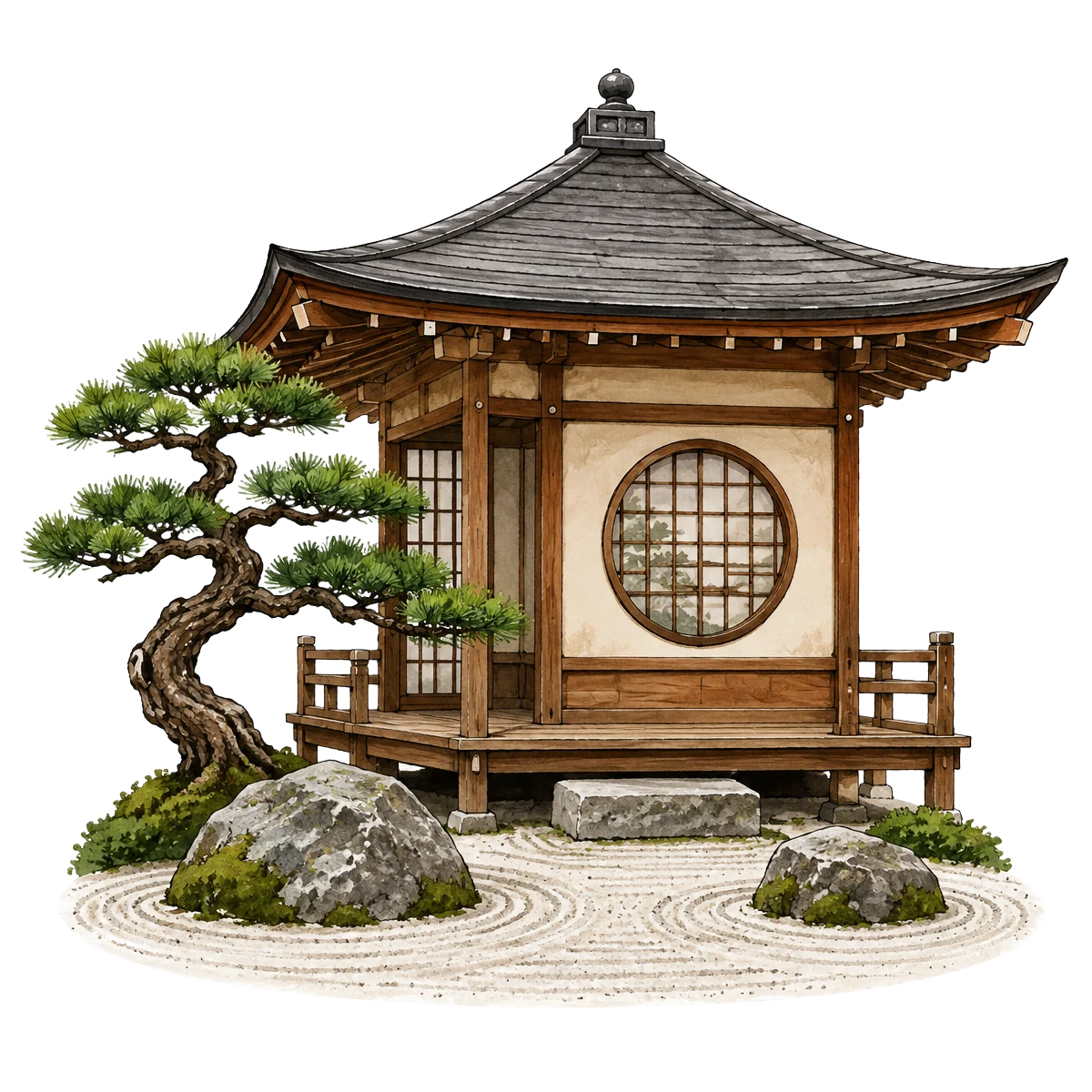 Ink illustration of a garden pavilion and pine
